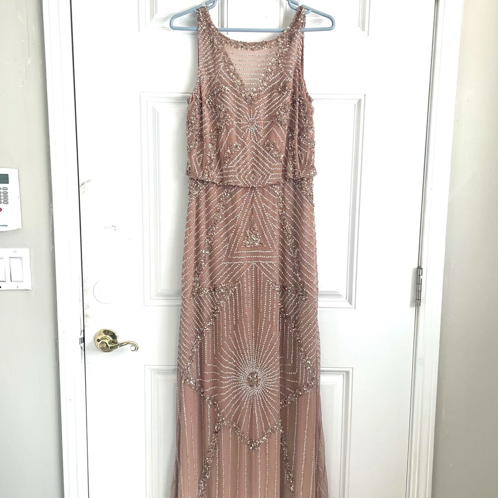 Aidan Mattox blush pink Art Deco beaded tulle gown, evening, wedding, bridesmaid